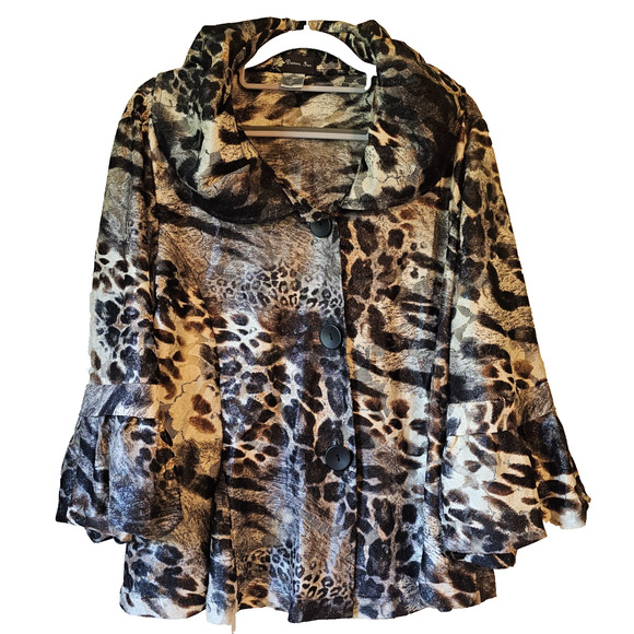 Damee Inc Jacket Animal Print Shiny Metallic Cowl Neck Button Front Women’s XL - Picture 1 of 11